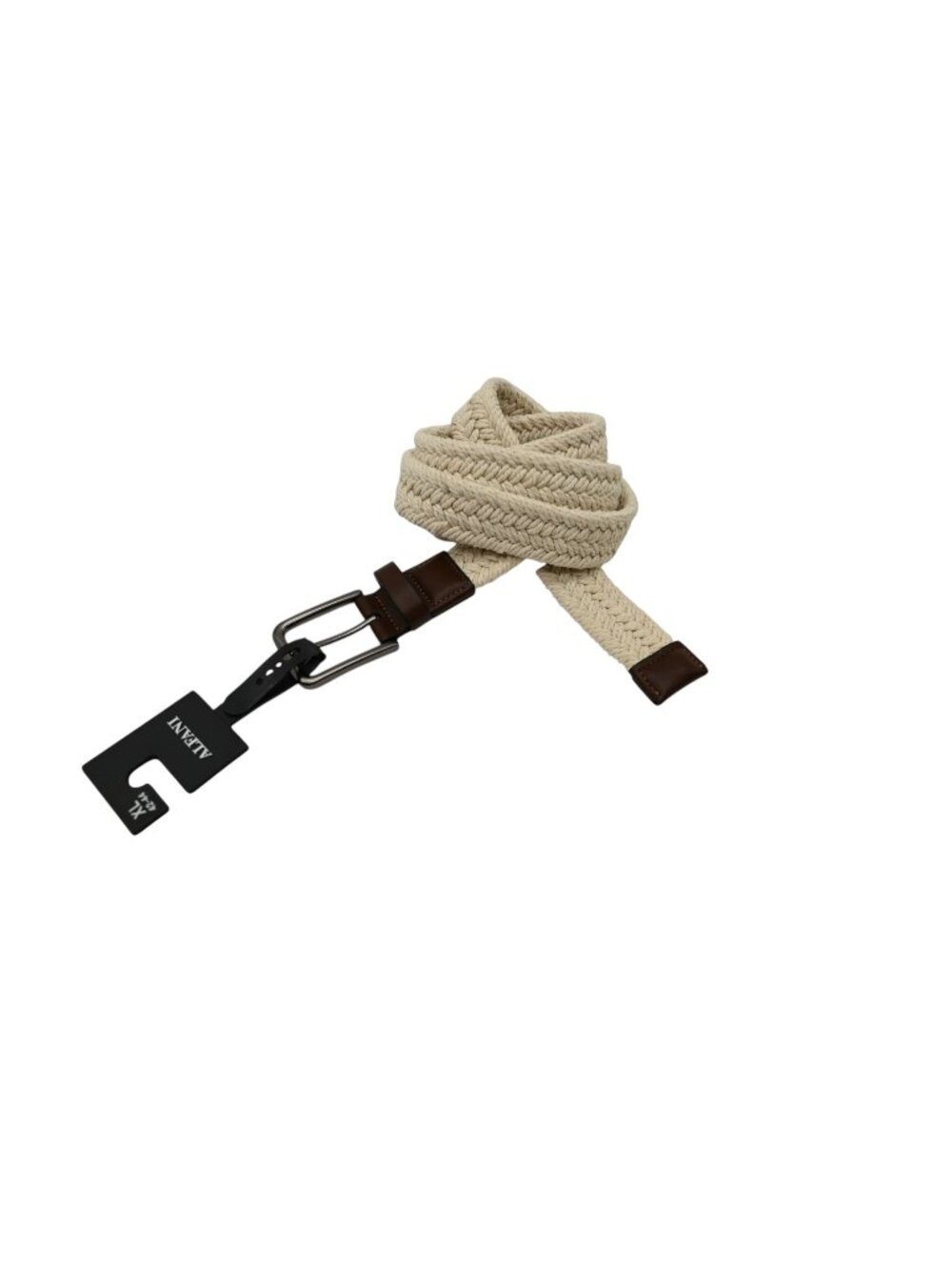 NWT Alfani Woven Braided Stretch Belt Sz XL 42-44 Natural Beige Brown Trim Casua